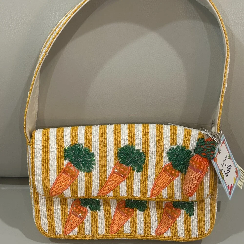 Handcrafted in India Striped Carrot Shoulder Bag with Carrot Charm NWT